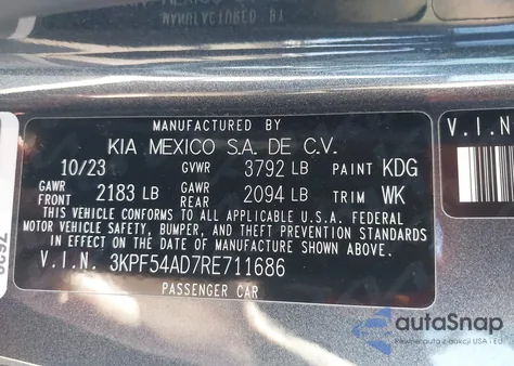 2024 Kia Forte Gt-Line z USA, uszkodzony, nr VIN 3KPF54AD7RE711686